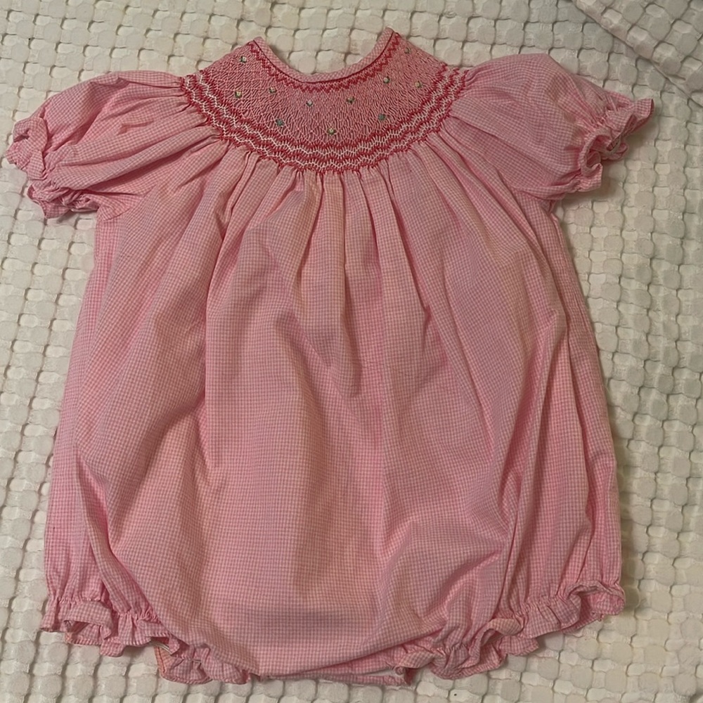 Rosalina Collection Smocked & Embroidered Romper - Pink & white 24M